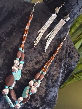 Novadab Designer Turquoise & Brown Beaded Statement Necklace with Silver Accents